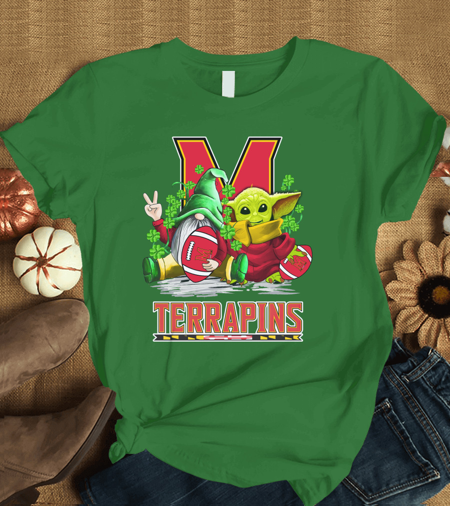 Maryland Terrapins Football St. Patrick's Day Gnome and Baby Yoda T-Shirt