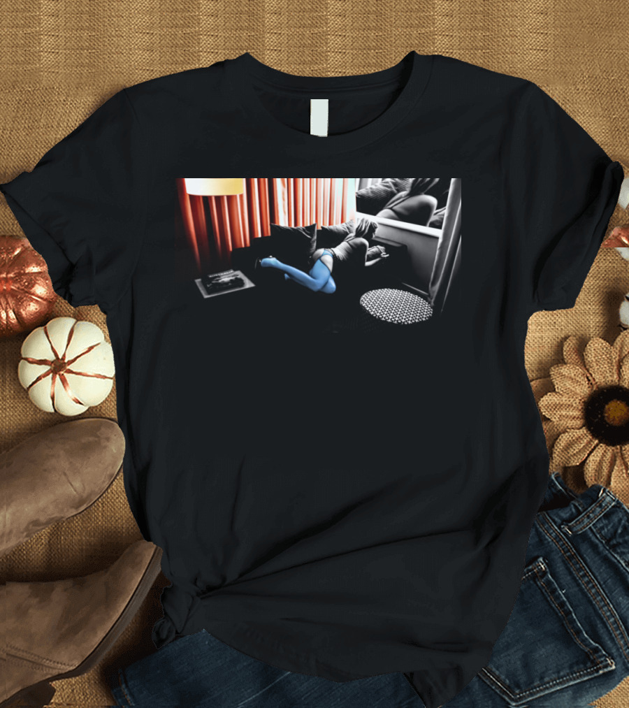 Retro Room Scene with Blue Stockings and Red Curtains T-Shirt
