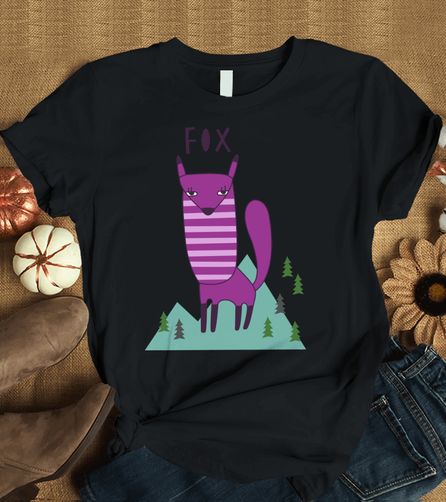 Purple Fox in Striped Style with Forest Landscape T-Shirt