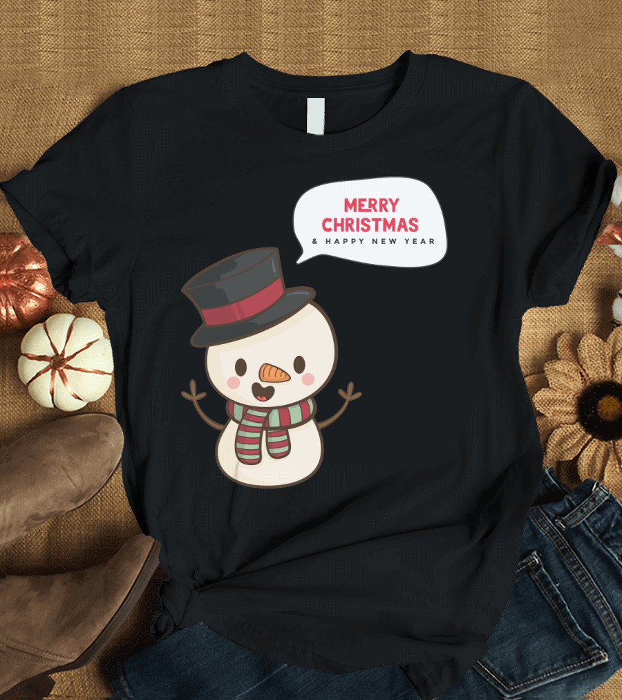 Merry Christmas and Happy New Year Snowman Illustration with Top Hat and Scarf T-Shirt