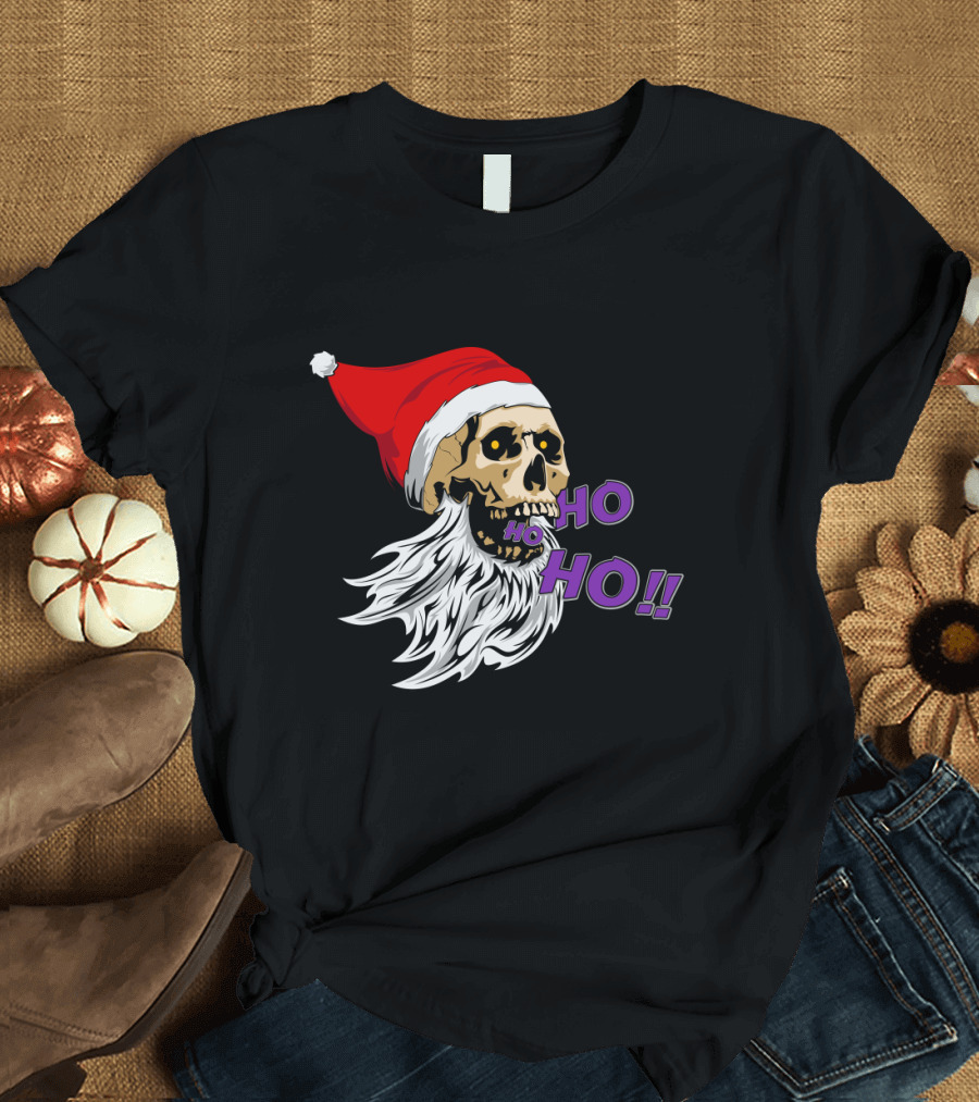 Bad Santa Skull with Santa Hat and Ho Ho Ho Text T-Shirt