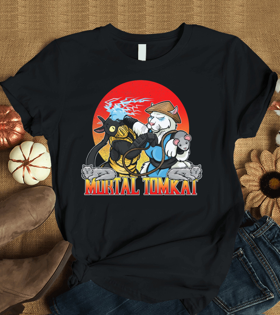 Mortal Tomkat Battle: Anthropomorphic Martial Arts Warrior Cats with Lightning Attack in Red Sun Backdrop T-Shirt