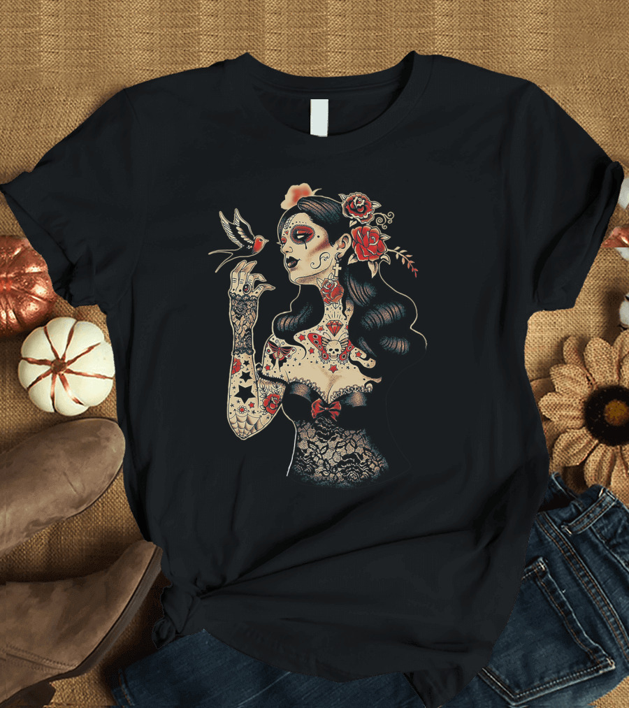 Punk Pierced Rose Tattoo Art with Skull and Bird T-Shirt