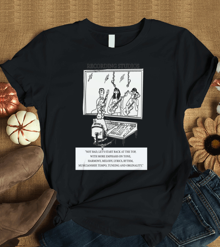 Recording Studios Cartoon with Musicians and Mixing Console Featuring Pattones and Emphasis on Tone Harmony Melody Lyrics Rhythm Musicianship Tempo Tu