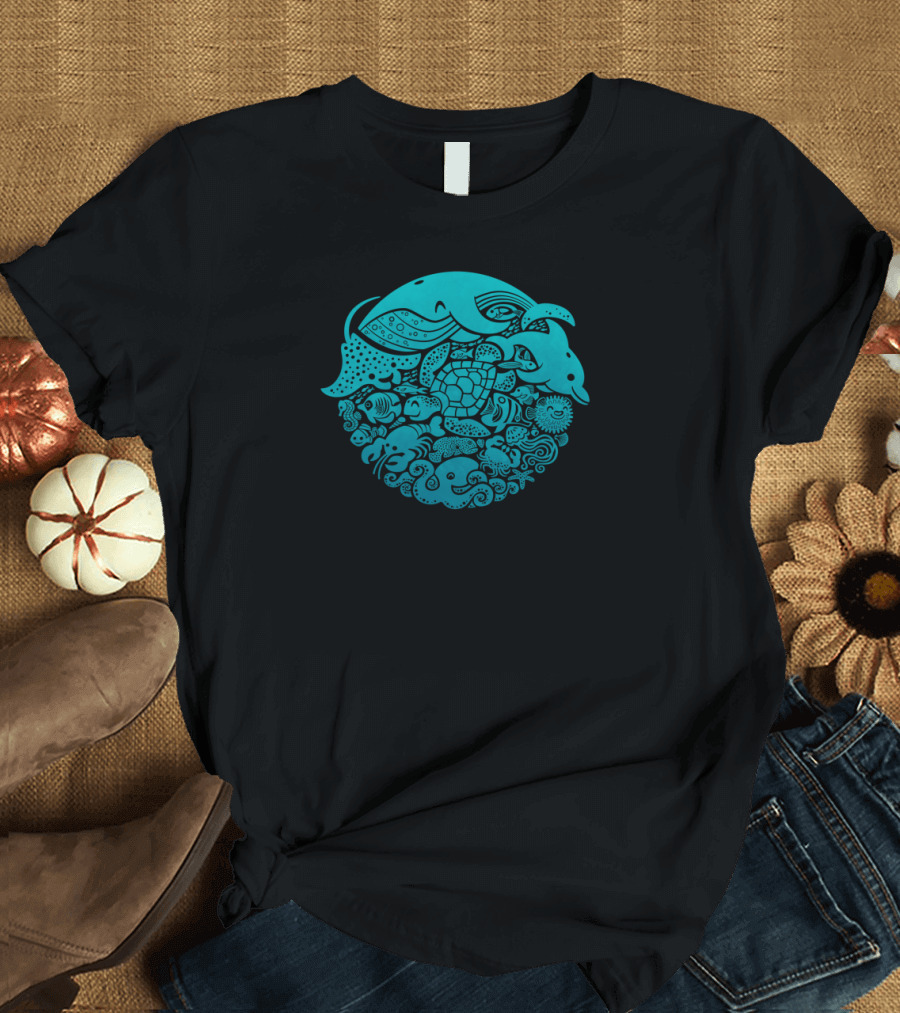 Dolphins Turtles Octopus Sea Animals Mandala Aquatic Spectrum T-Shirt