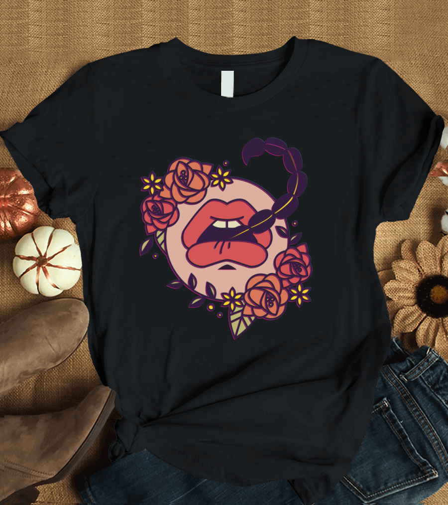 Scorpion Wrapped Lips with Roses and Yellow Flowers T-Shirt