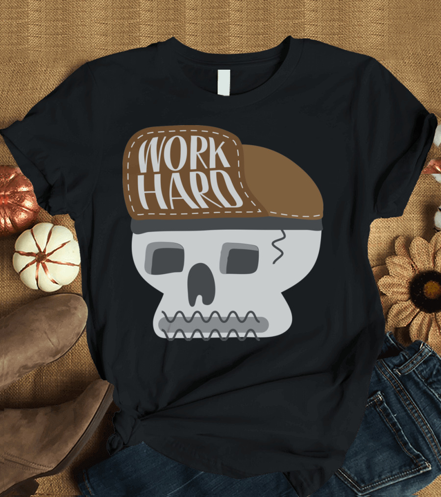 Skull with Brown Cap Featuring Work Hard T-Shirt