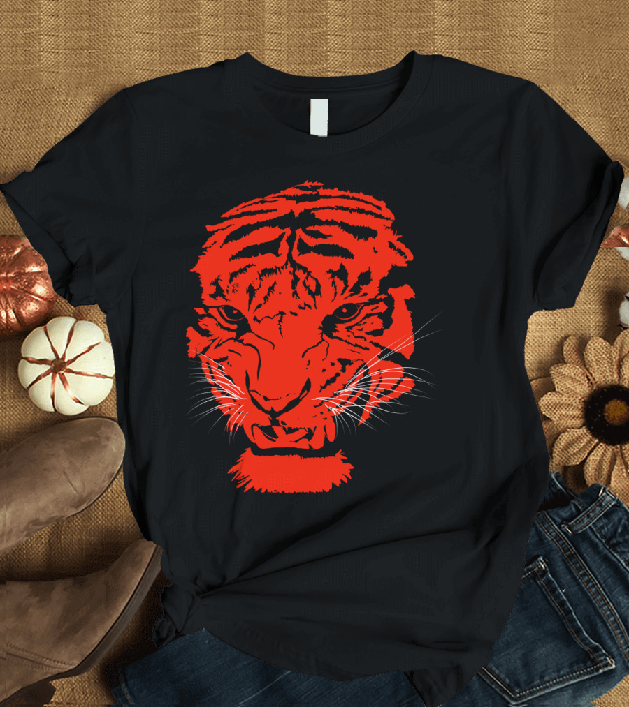 Vibrant Red Tiger Face Black Background Fierce Expression T-Shirt