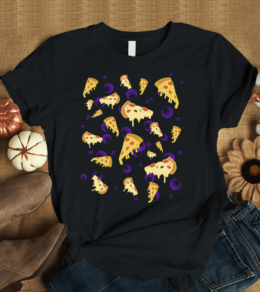 Cheesy Pizza Slices Floating Among Purple Bubbles T-Shirt
