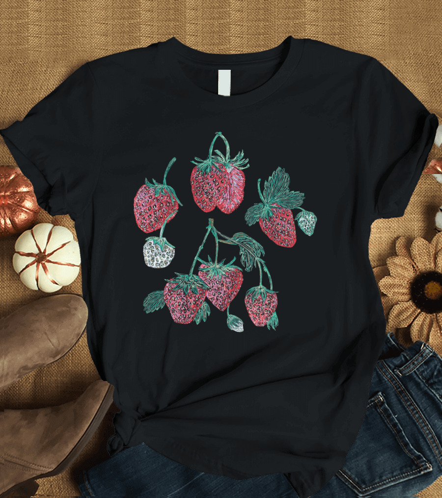 Hand Drawn Strawberry Trios Multiple Fruit Cluster T-Shirt
