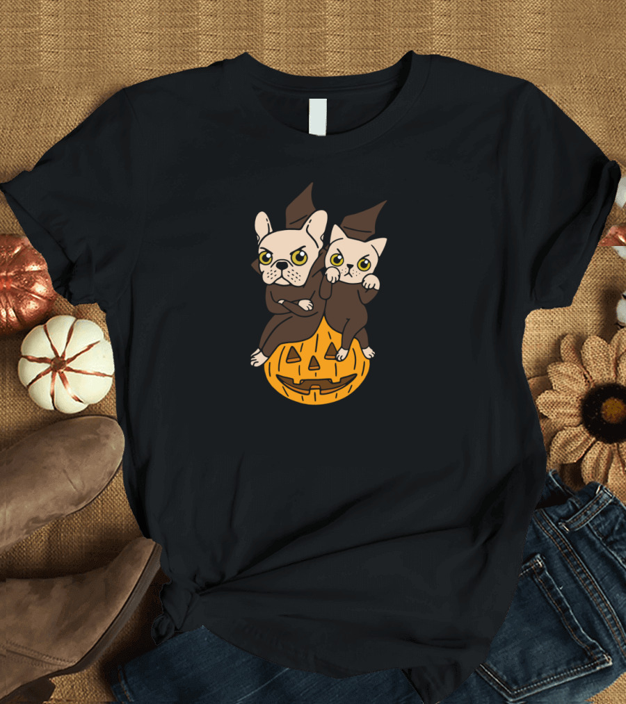 Frenchie and Kitten in Witch Costumes on Halloween Pumpkin T-Shirt