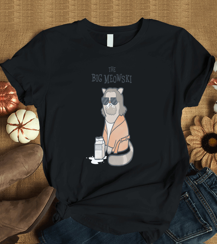 The Big Meowski Cat in Orange Robe with Milk and Sunglasses T-Shirt