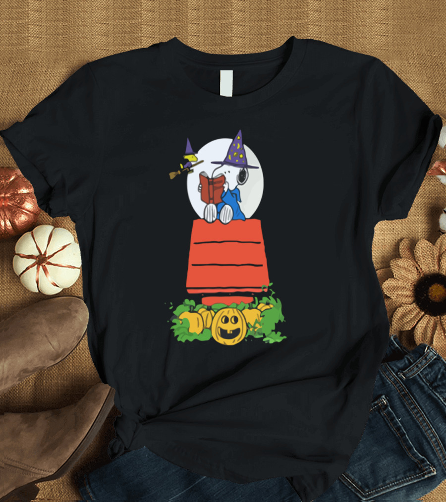 Snoopy Halloween Reading on Doghouse with Pumpkins and Moon T-Shirt