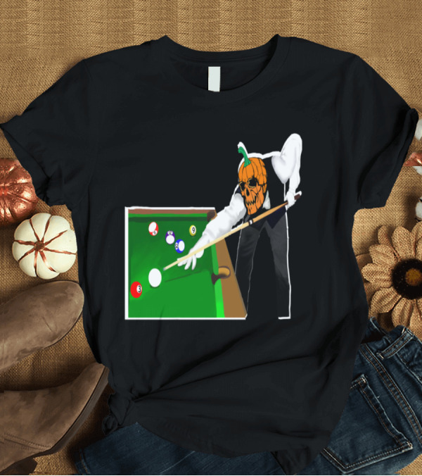 T-Shirt: Jack-o'-Lantern Pool Player at Billiards Table T-Shirt Jack-o'-Lantern Pool Player at Billiards Table T-Shirt