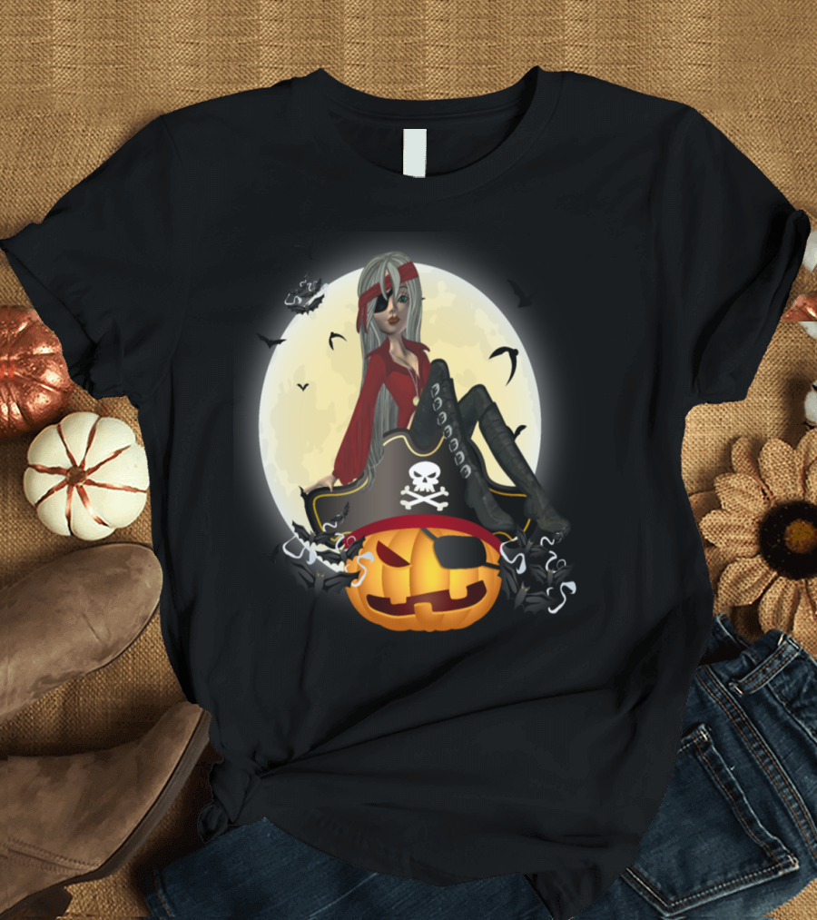 Pirates and Pumpkins Oh Spooky Halloween Pirate Skull and Crossbones Jack-O'-Lantern Moon Bats T-Shirt