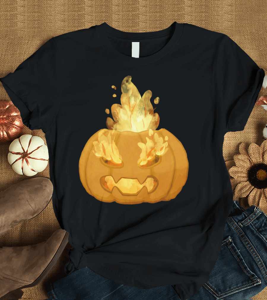 Halloween Pumpkin with Flames and Intense Scary Expression T-Shirt