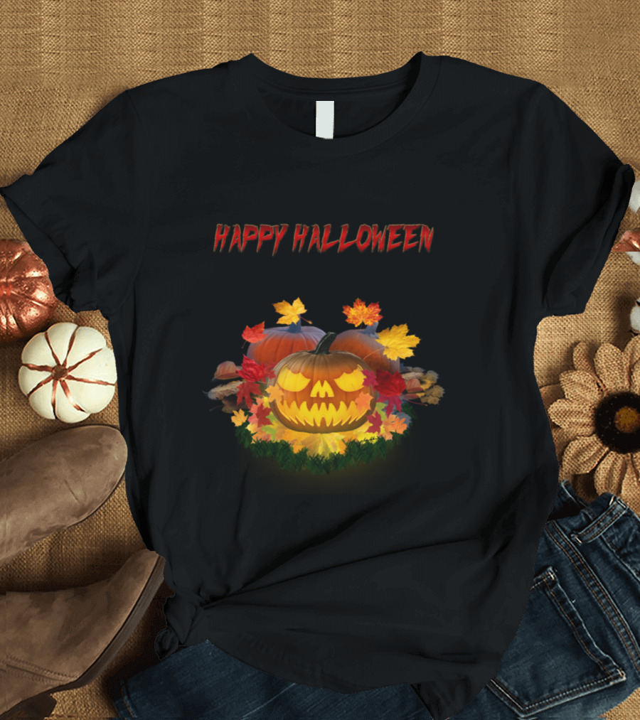 Happy Halloween Jack O' Lantern Autumn Leaves Pumpkin 400 T-Shirt