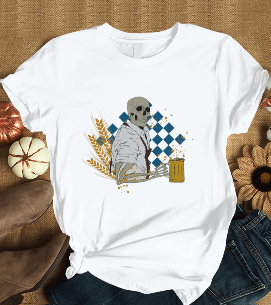 Oktoberfest Skeleton Dirndl Beer Mug Bavarian Checkered Wheat T-Shirt