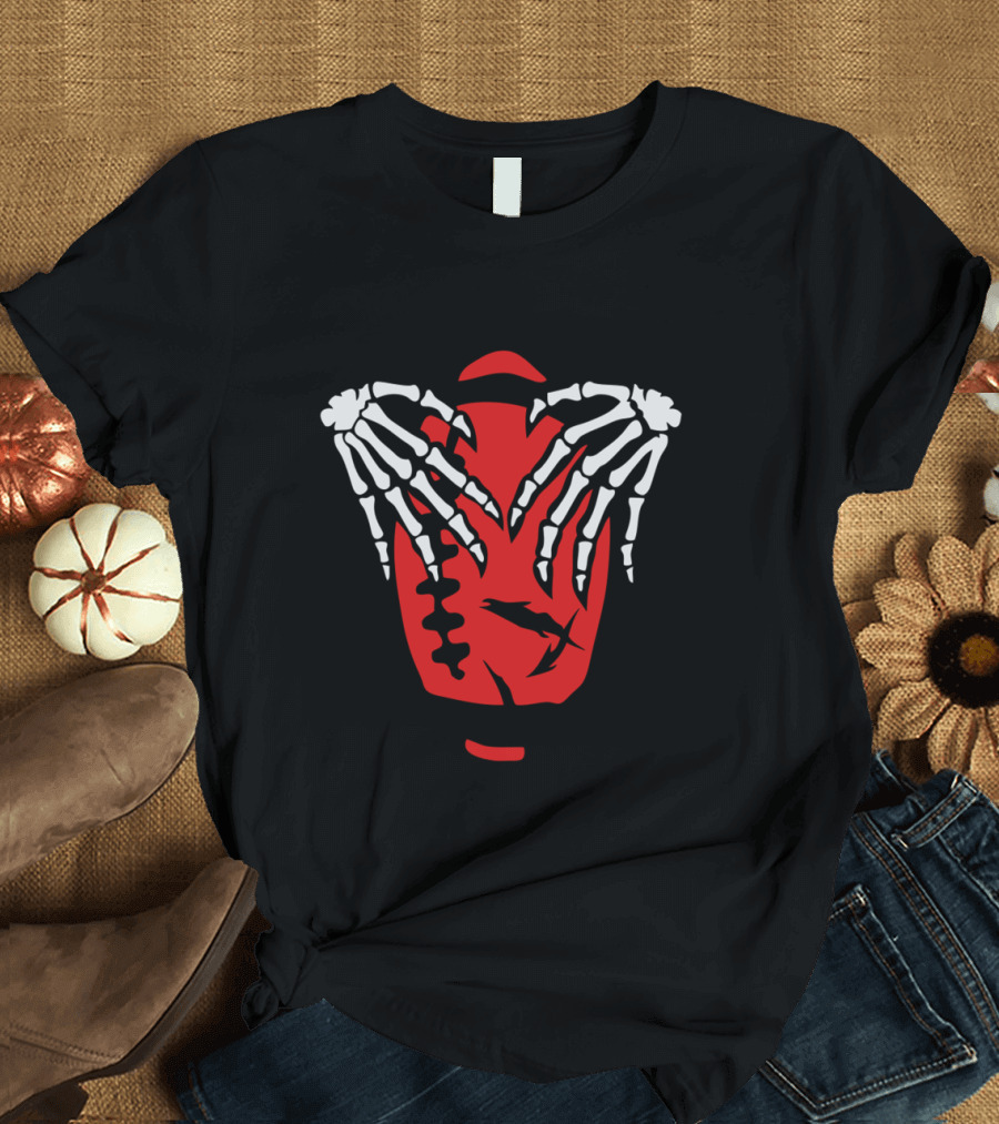 American Football Skeleton Hands Grasping Football with Sharks T-Shirt