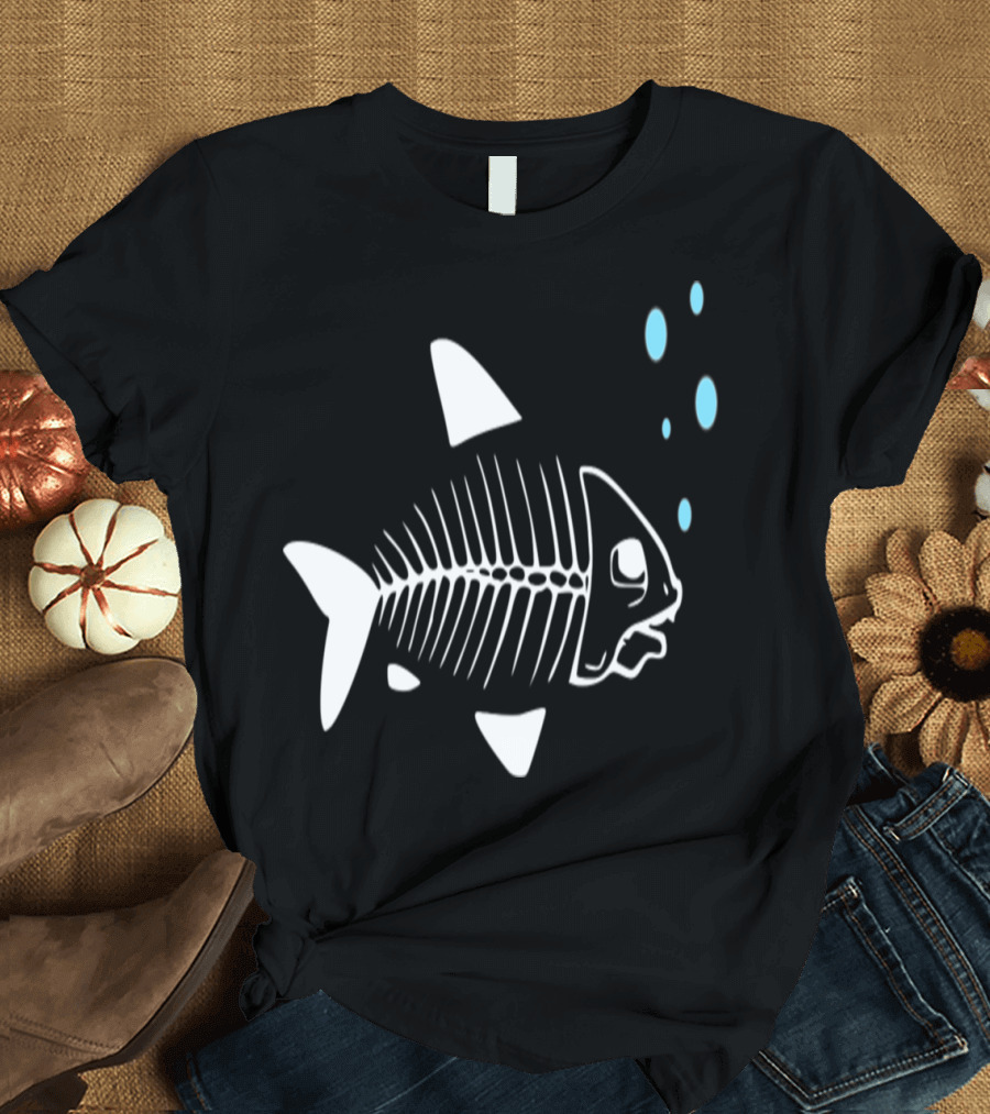 Fish Skeleton Black Design with Bubbles T-Shirt