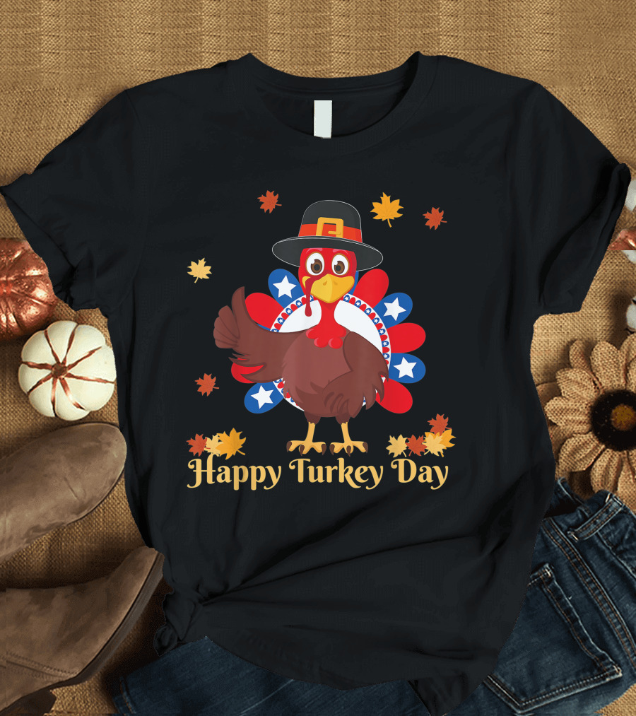 Happy Turkey Day Retro Thanksgiving USA Flag T-Shirt