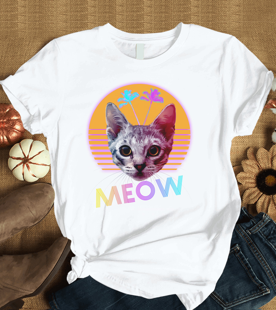 Retro Meow Cat with Palm Trees and Sunset Stripes T-Shirt