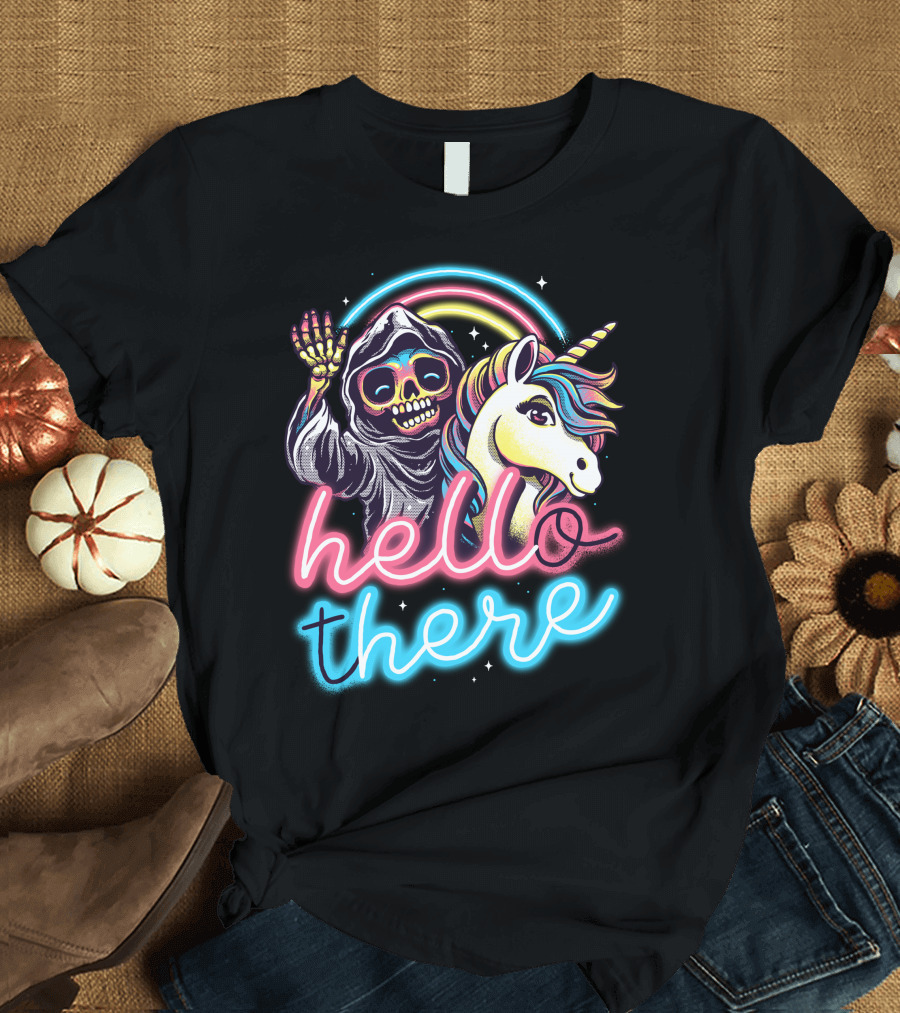 Hello There Grim Reaper and Unicorn Neon Rainbow T-Shirt