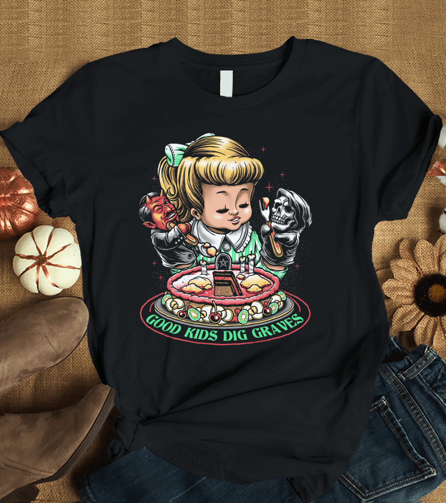 Good Kids Dig Graves Devil and Grim Reaper Cake Scene T-Shirt