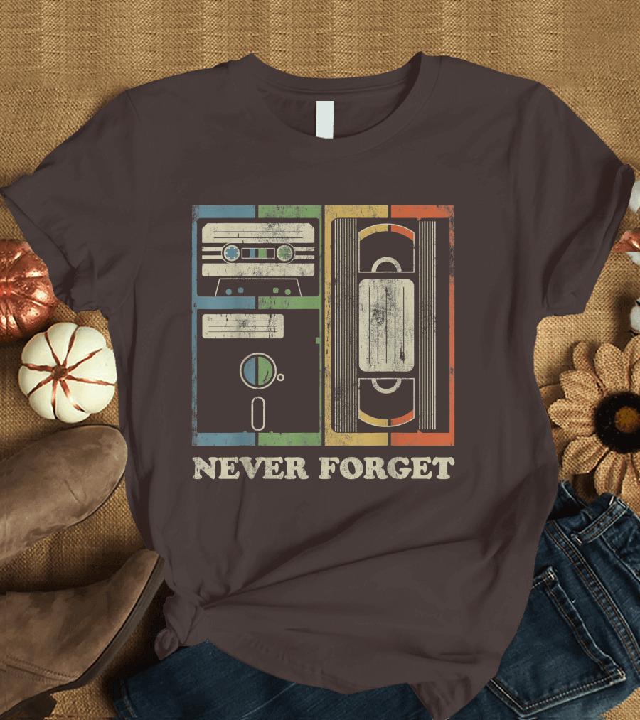Never Forget Retro Vintage Cassette Floppy VHS Cool Funny Geeky Nerdy T-Shirt