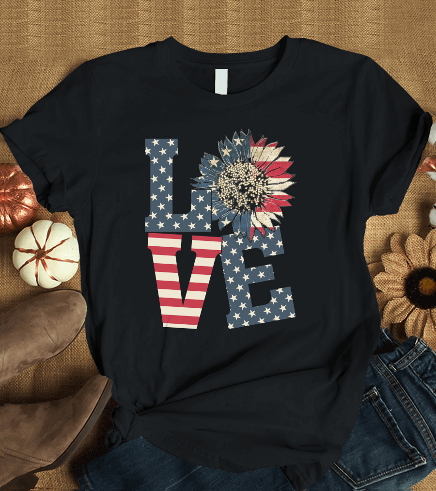 Sunflower Love American Flag Stars and Stripes Flower T-Shirt