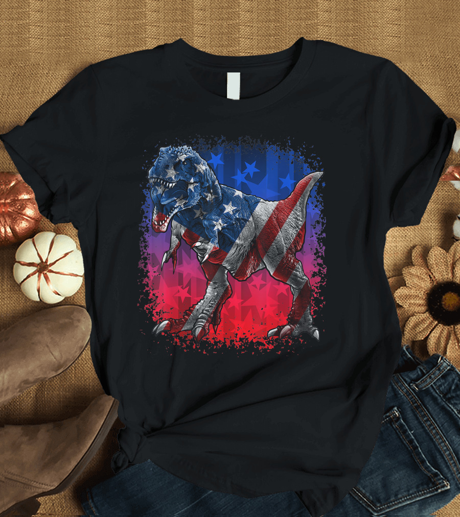 Patriotic TRex Dinosaur with American Flag for 4th of July T-Shirt