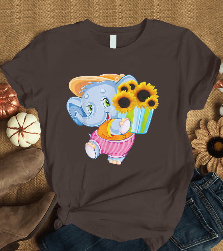 Cute Baby Elephant with Sunflowers and Pink Striped Shorts T-Shirt
