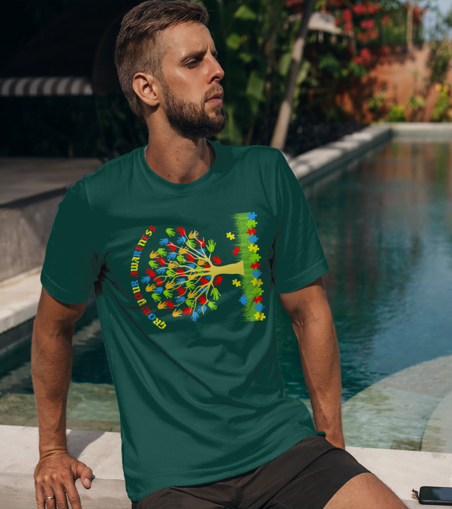 Grow Your Awareness Tree Of Colored Hands And Puzzle Pieces T-Shirt