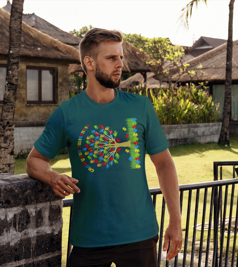 Grow Your Awareness Tree Of Colored Hands And Puzzle Pieces T-Shirt