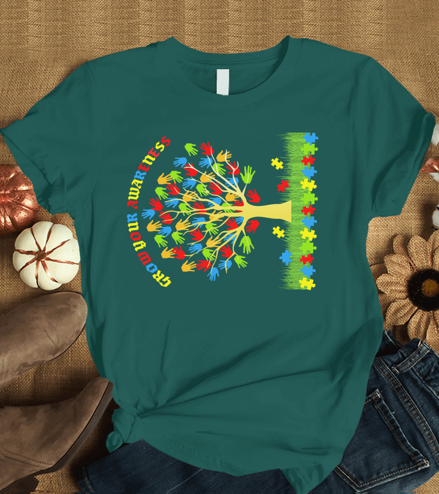 Grow Your Awareness Tree of Colored Hands and Puzzle Pieces T-Shirt