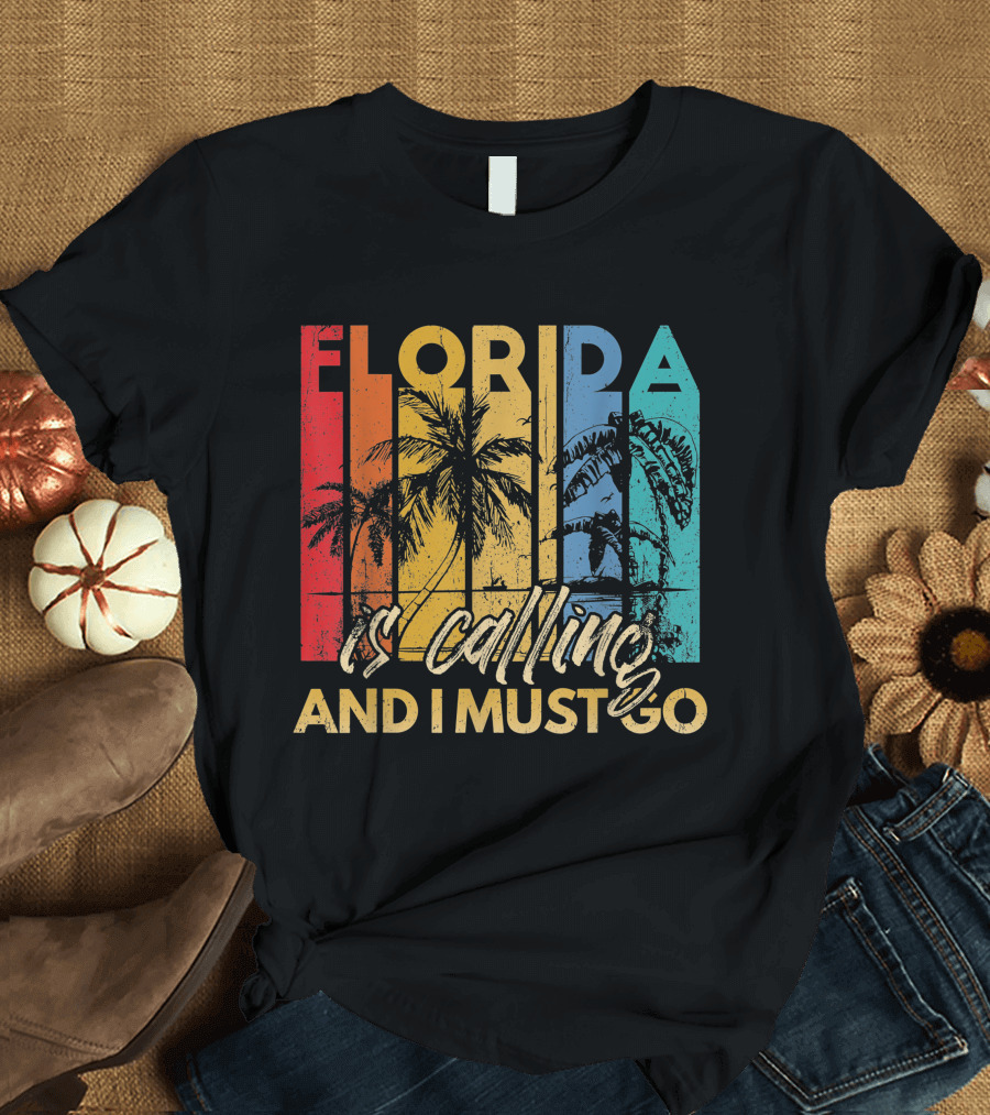 Florida Is Calling And I Must Go Beach Vacation Summer Retro Palm Trees T-Shirt
