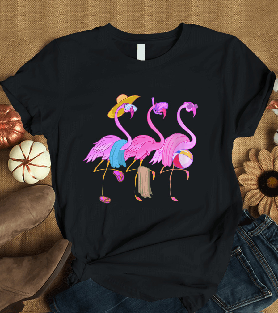 Funny Beach Flamingos Towels Cool Summer Bird Fan with Hat and Beach Ball T-Shirt