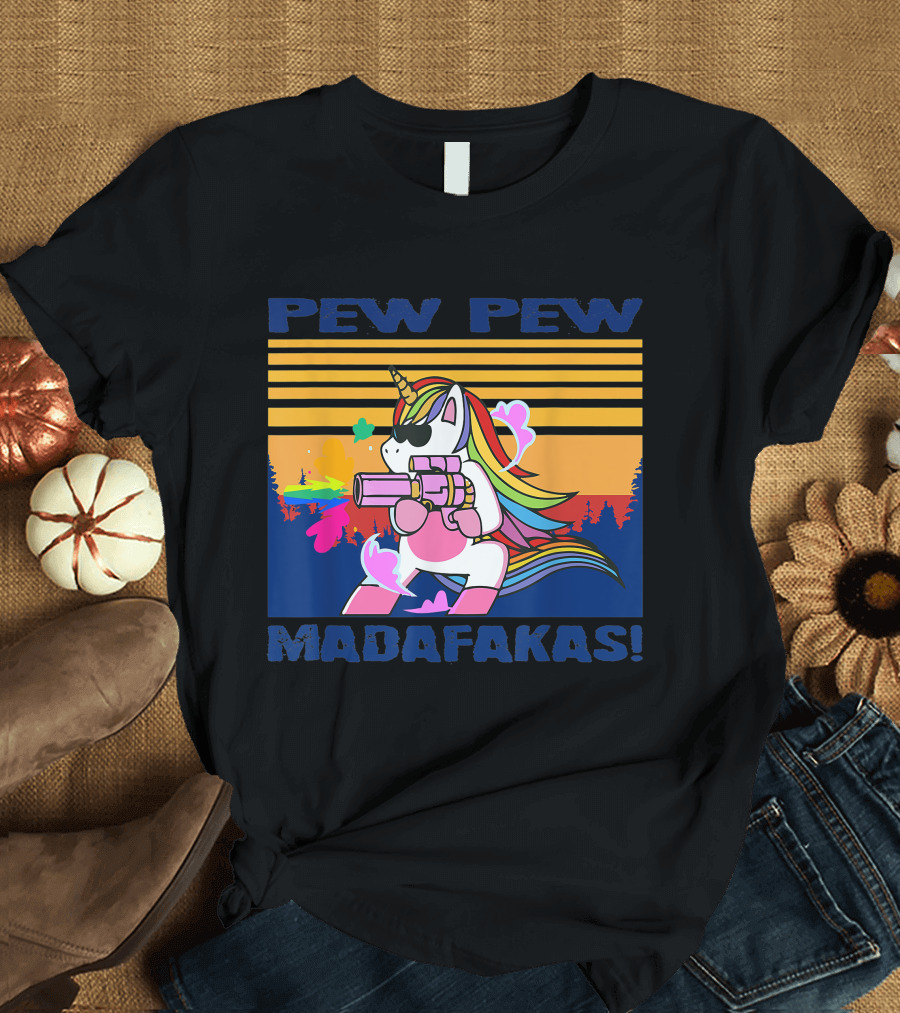 Pew Pew Madafakas Funny Unicorn with Rainbow Gun and Sunglasses T-Shirt