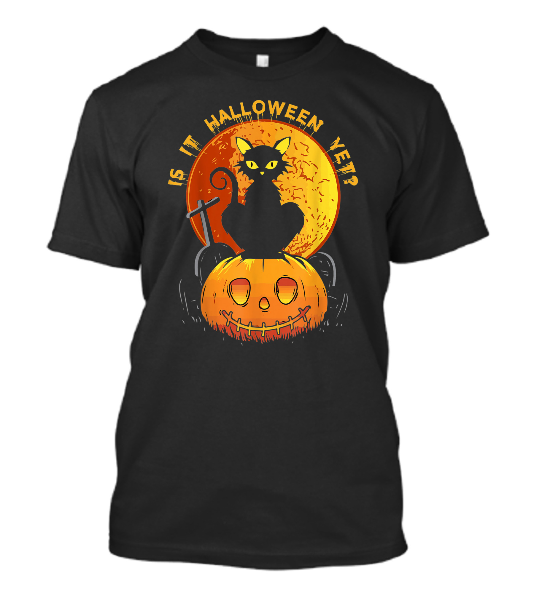 Is It Halloween Yet Funny Cat Pumpkin With Full Moon And Witch's Broom T-Shirt