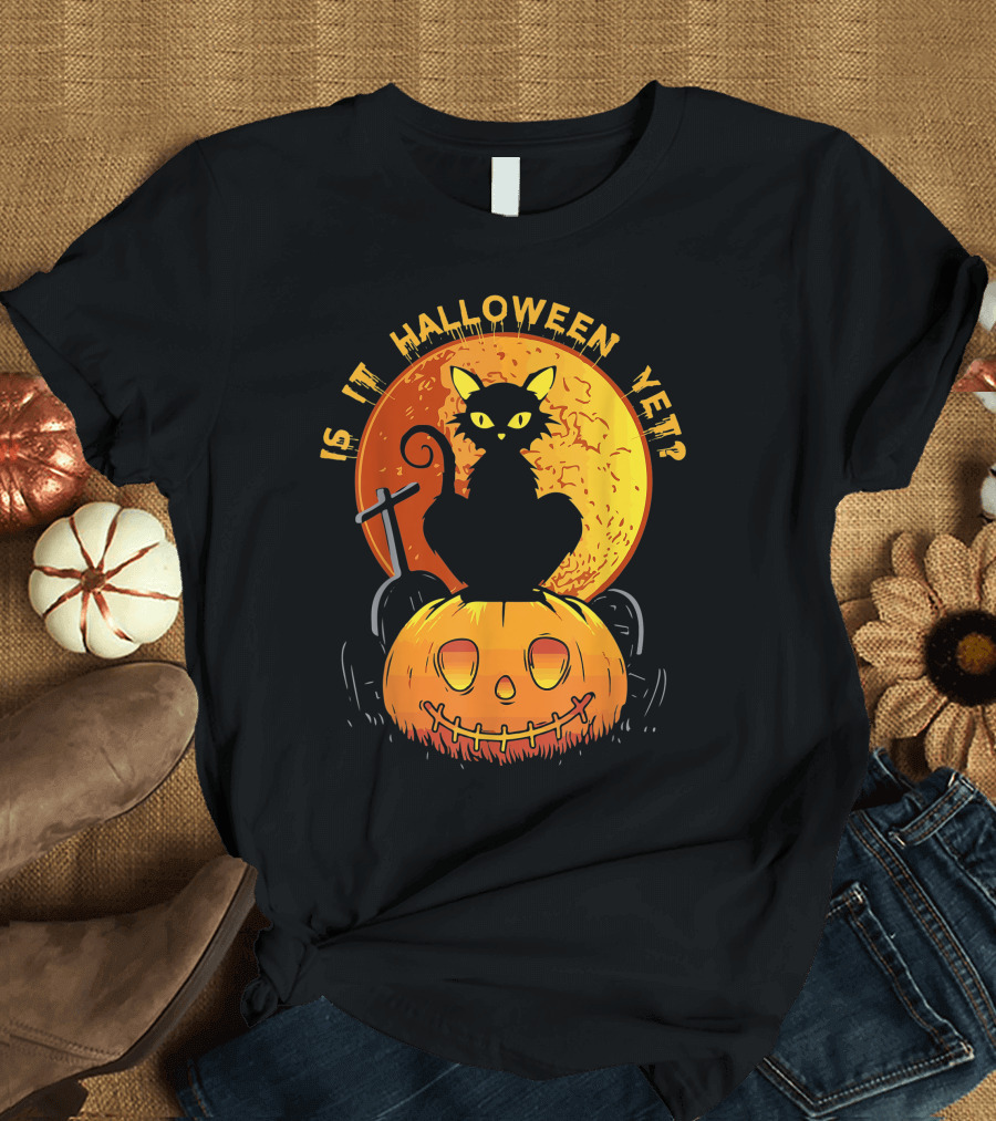 Is It Halloween Yet Funny Cat Pumpkin With Full Moon And Witch's Broom T-Shirt