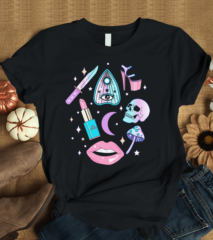 Pastel Goth Kawaii Witch Creepy Knife Skull Lipstick Moon Stars Mushroom Heels Ouija T-Shirt