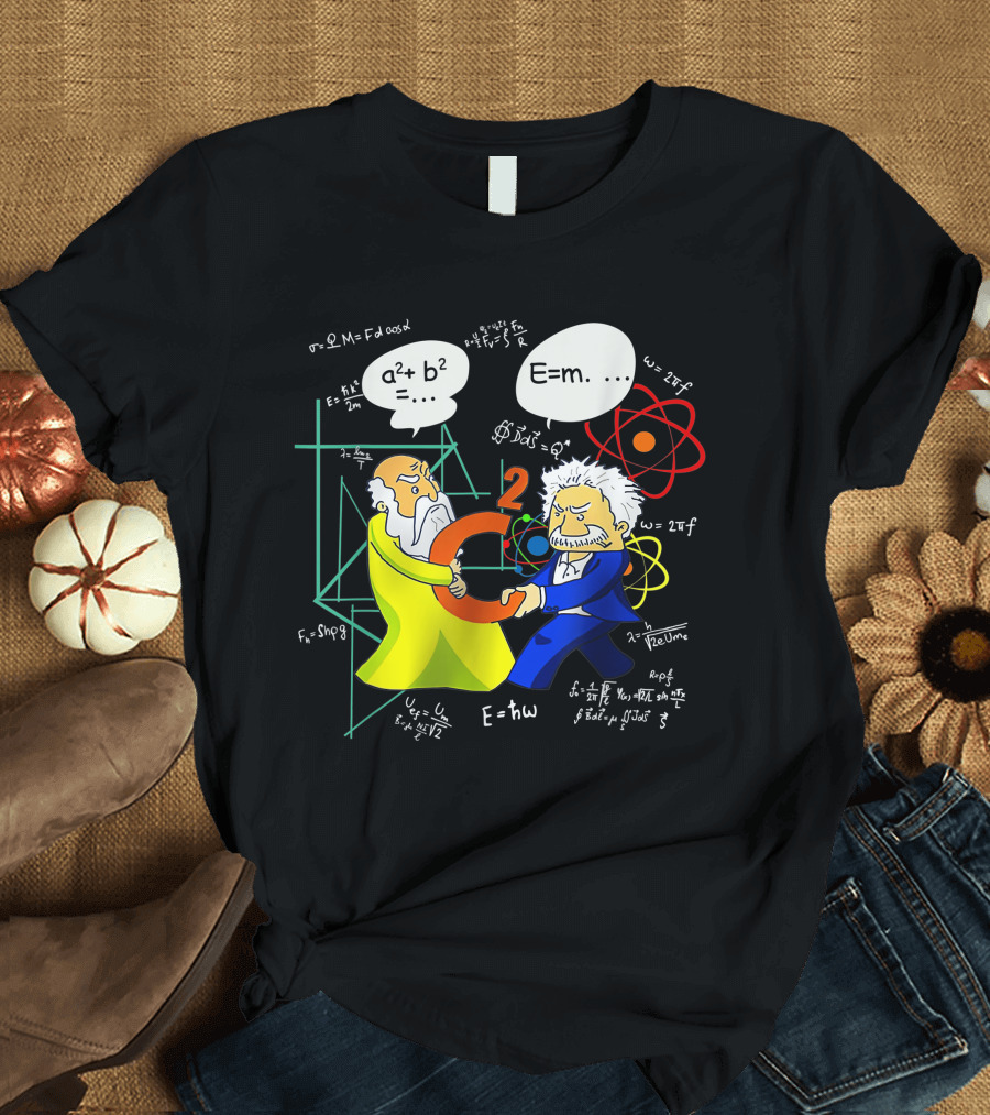 Pythagoras Einstein Battle Funny Science Equations Showdown T-Shirt