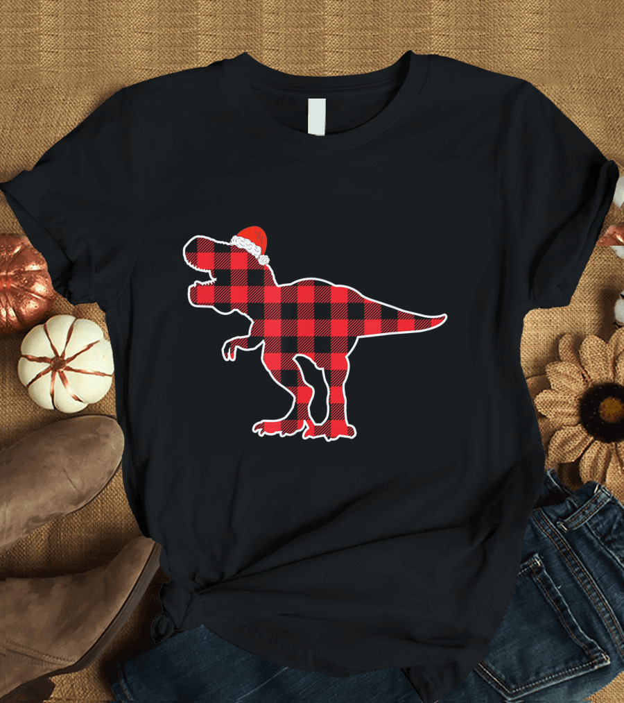 Red Plaid Dinosaur Wearing Santa Hat T-Shirt