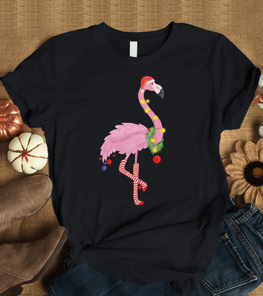 Flamingo Christmas Santa Hat Candy Cane Leggings T-Shirt