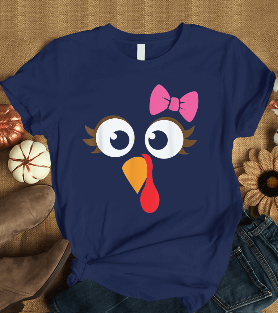 Turkey Face Girl Pink Bow Cute Thanksgiving T-Shirt