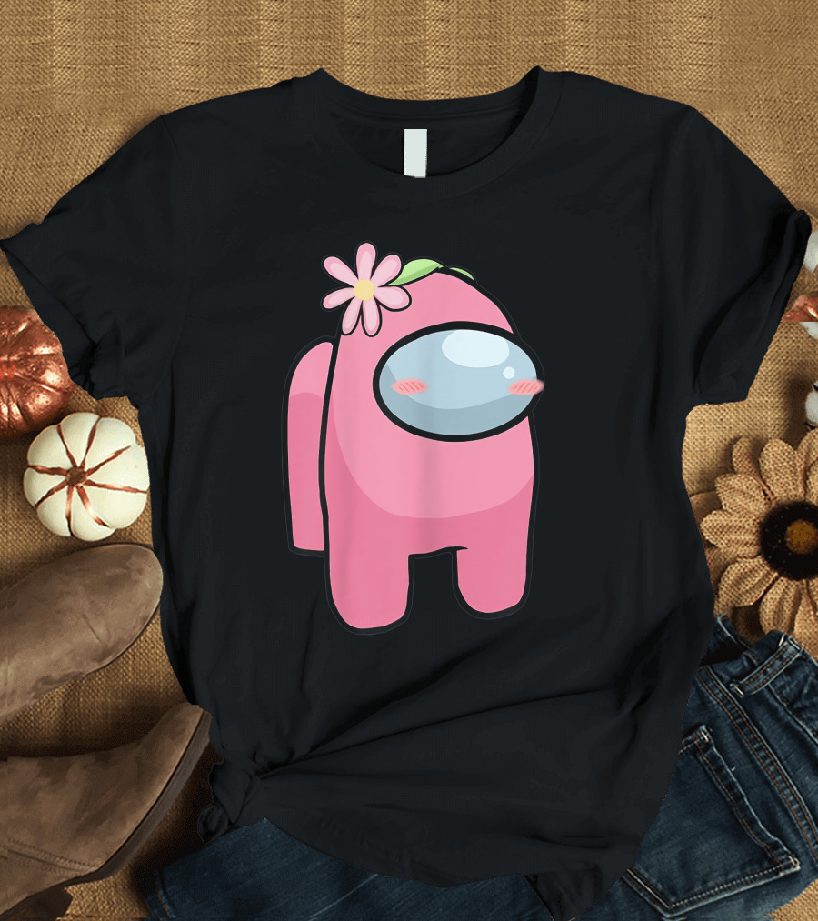 Cute Pink Among Us Sus Character with Flower T-Shirt