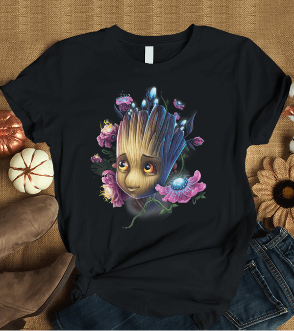 T-Shirt: Marvel Guardians Of The Galaxy Groot Surrounded By Vibrant Flowers and Glowing Bugs T-Shirt Marvel Guardians Of The Galaxy Groot Surrounded By Vibrant Flowers and Glowing Bugs T-Shirt
