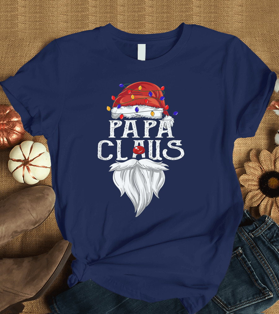Papa Claus Santa Hat Beard Christmas Lights T-Shirt