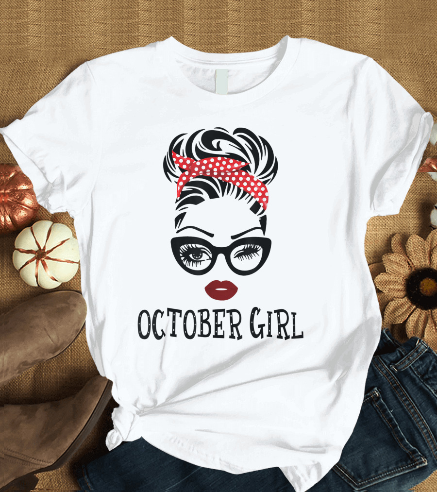 October Girl Woman Face Wink Eyes Red Lipstick Polka Dot Headband T-Shirt