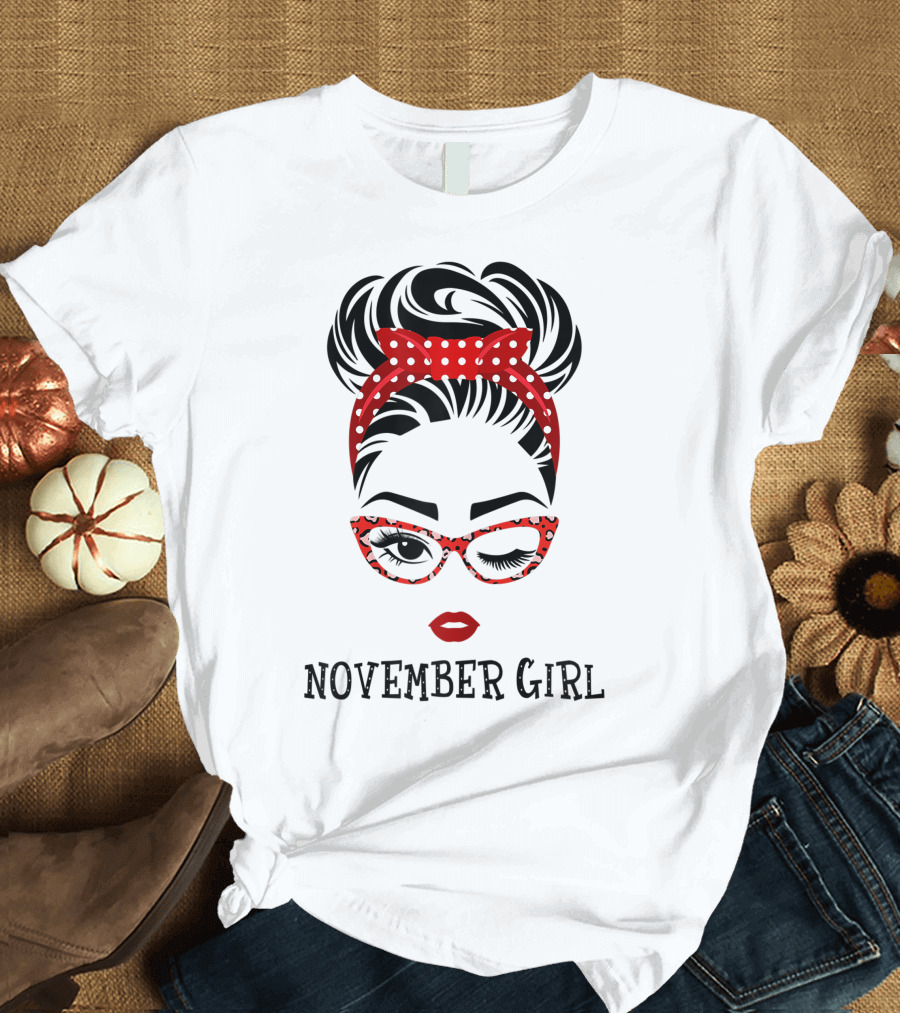 November Girl Wink Eye Woman Face Wink Eyes Lady Birthday Red Polka Dot Glasses T-Shirt